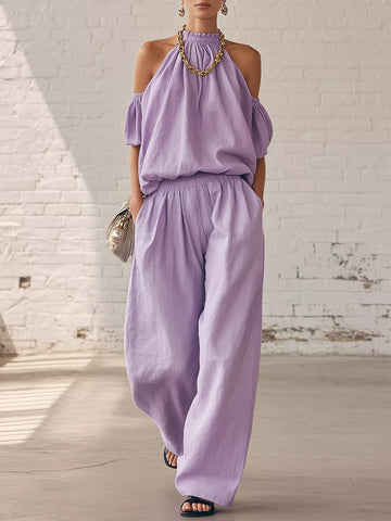 Full Size Cold-Shoulder Top and Wide-Leg Pant Set Plus Size