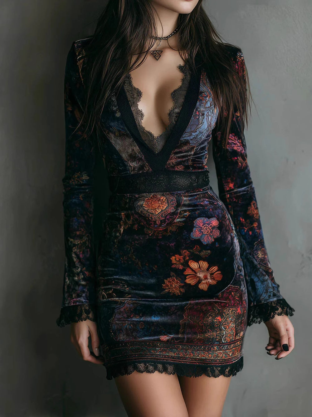 Lace Detail Floral Velvet Mini Dress