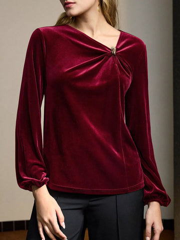 Velvet Twist Front Long Sleeve Blouse