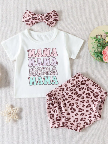 Children's Mama Graphic Tee and Leopard Shorts Set with Headband