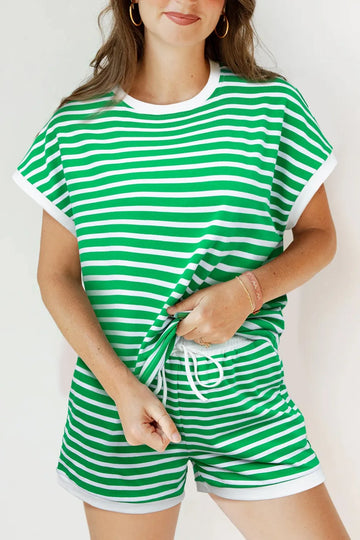 Striped Round Neck Short Sleeve Top and Shorts Set