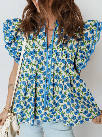Floral Print Ruffle Sleeve Tie Neck Blouse