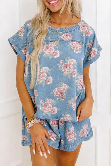 Floral Denim Top & Shorts Set