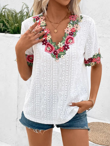 Ivy Lane Eyelet Embroidered V Neck Short Sleeve Blouse