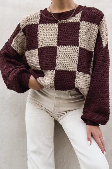 Checkerboard Dropped Shoulder Sweater