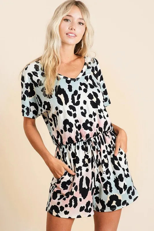 BiBi Gradation Leopard Soft Knit V neck Romper