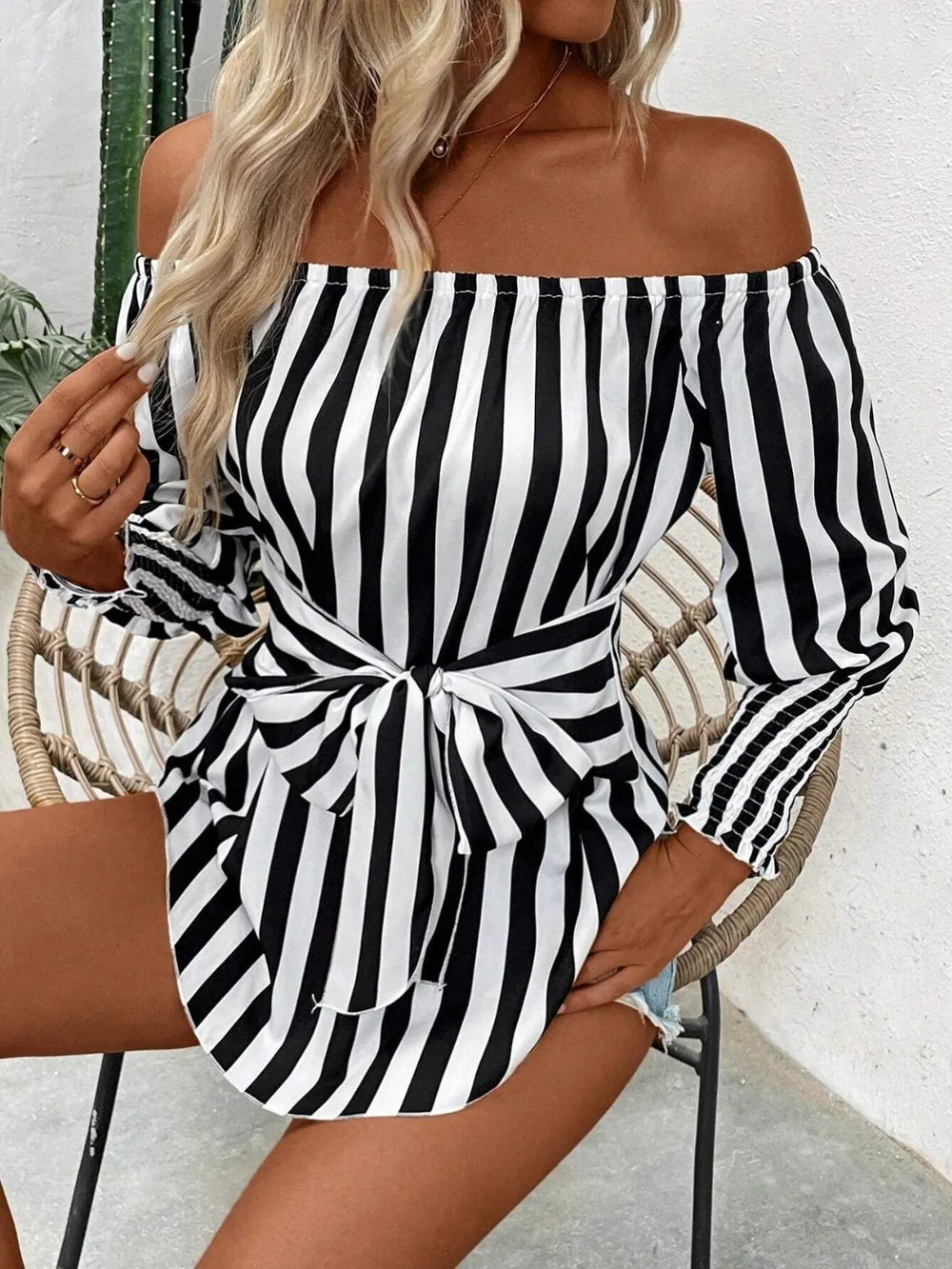 Striped Off Shoulder Long Sleeve Blouse