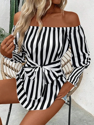 Striped Off Shoulder Long Sleeve Blouse