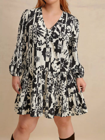 Plus Size Printed V Neck Long Sleeve Mini Dress