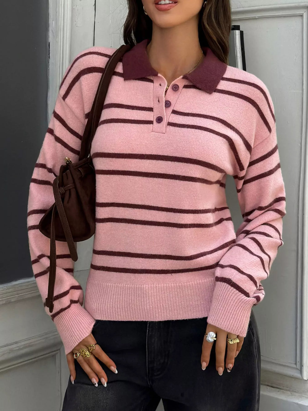 Striped Polo Collar Dropped Shoulder Sweater