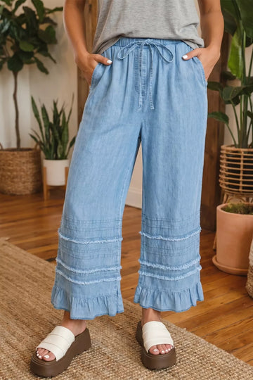Ruffle Hem Wide Leg Chambray Jeans
