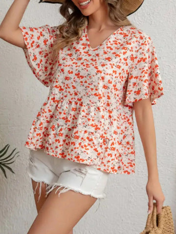 Floral Print V Neck Ruffle Sleeve Peplum Blouse