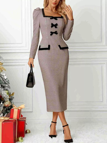 Houndstooth Bow Square Neck Midi Dress