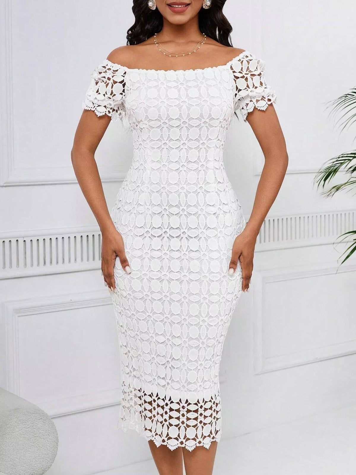 Lace Short-Sleeve Midi Dress