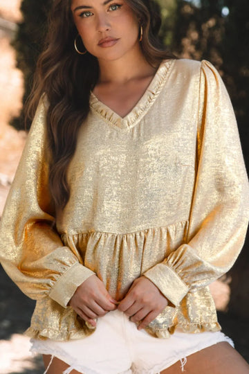 Frill Peplum V Neck Long Sleeve Blouse