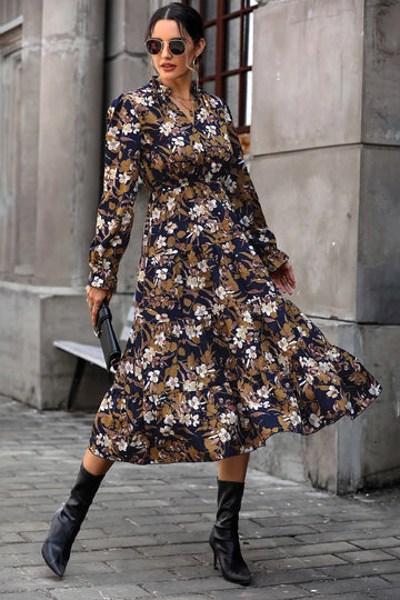 Perfee Floral Flounce Sleeve Tiered Dress