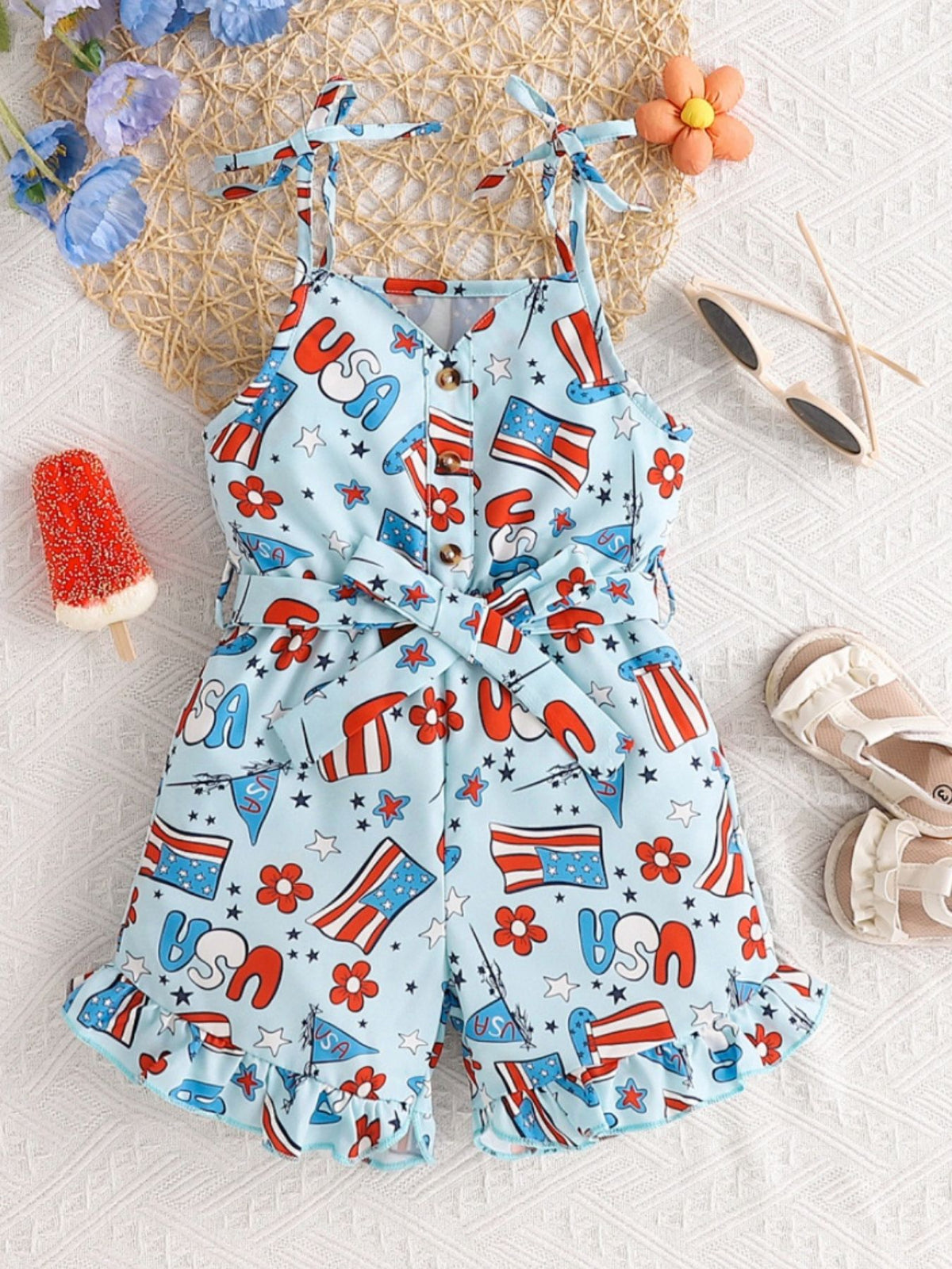 Children's Patriotic Print Tie Strap Ruffle Hem Jumpsuit
