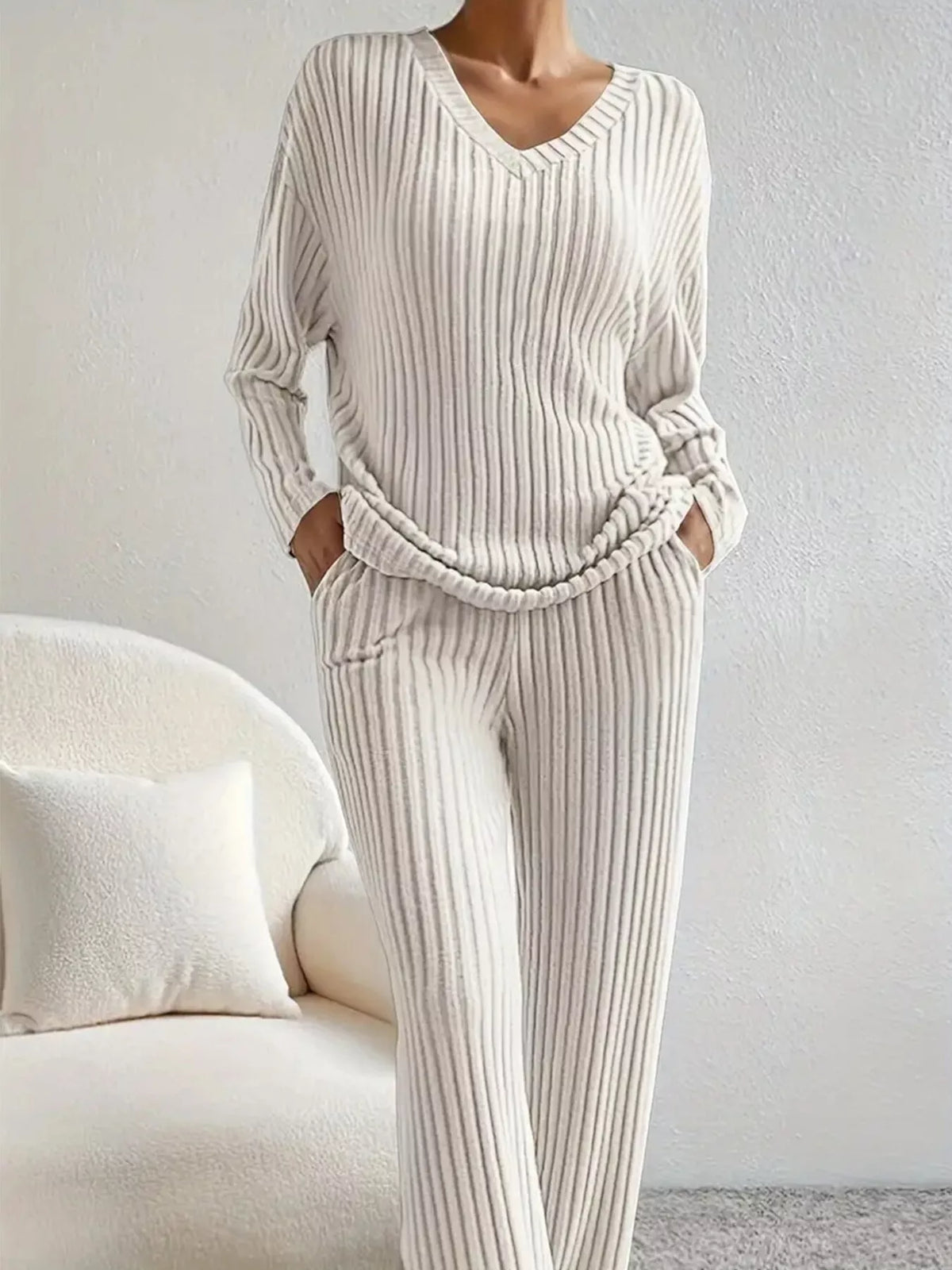 Ribbed Knit V-Neck Top and Pants Set