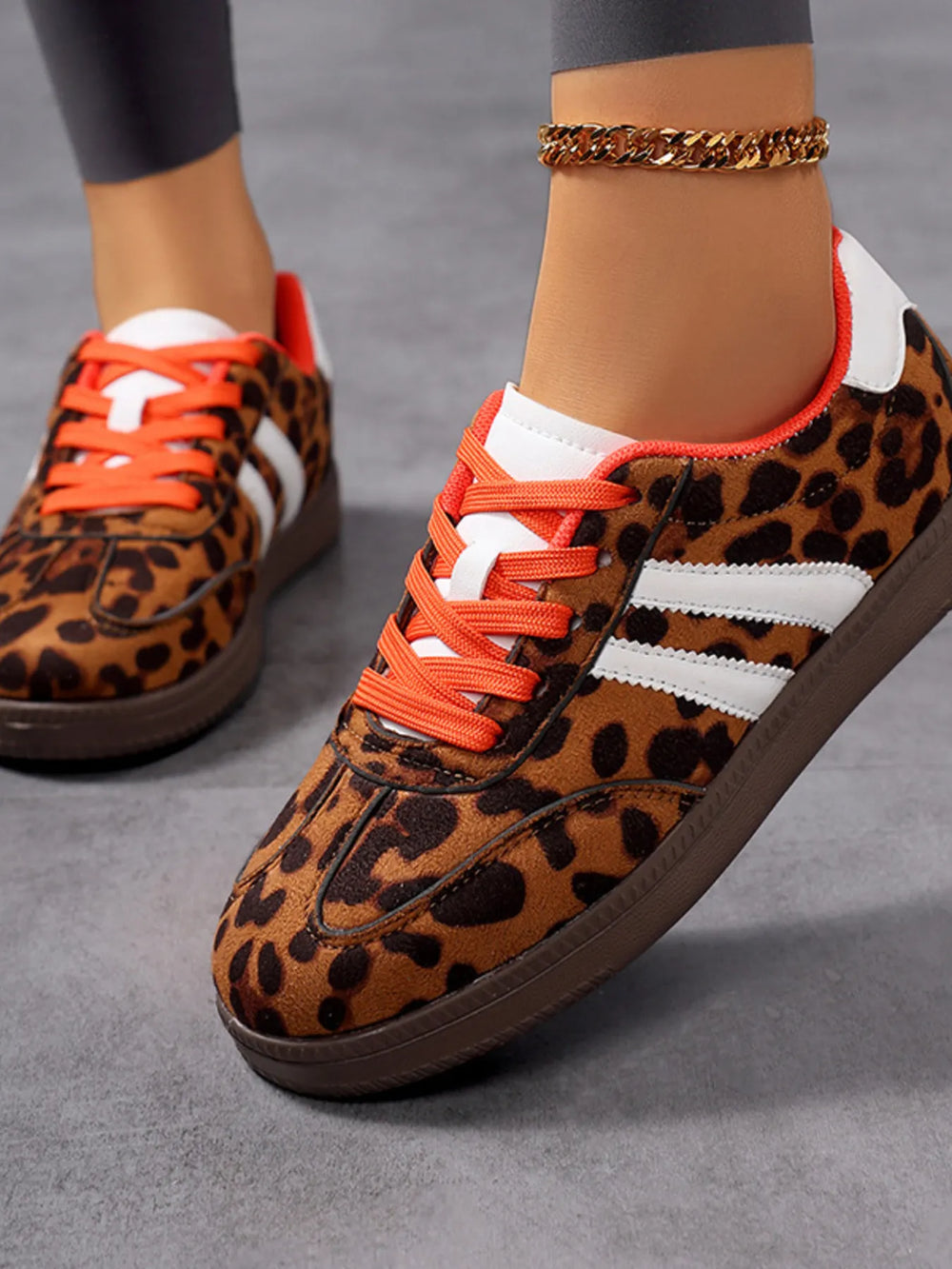 Leopard Print Stripe Detail Lace up Sneakers