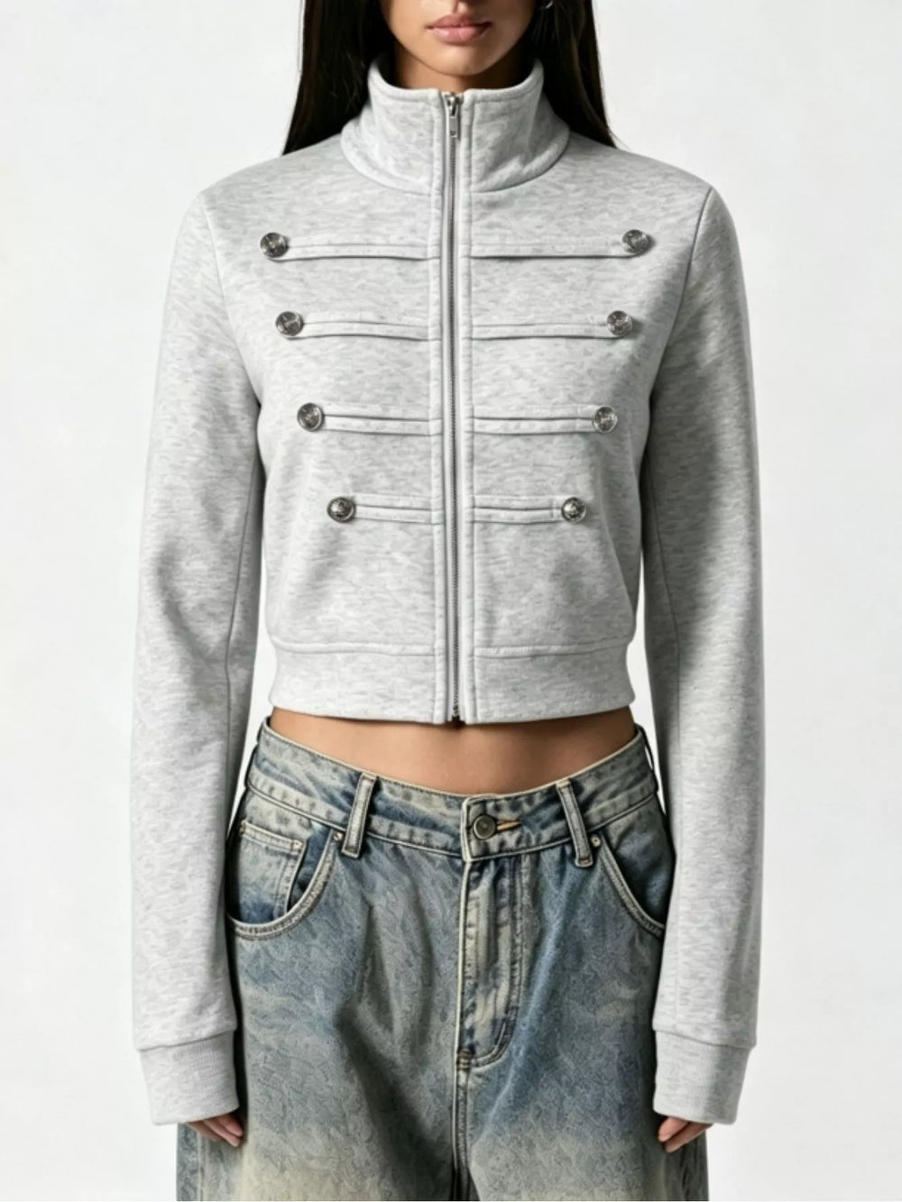 Cropped Zip-Up Outerwear with Decorative Buttons