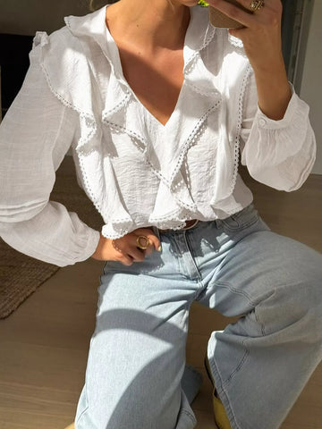 Ruffle Trim V Neck Blouse