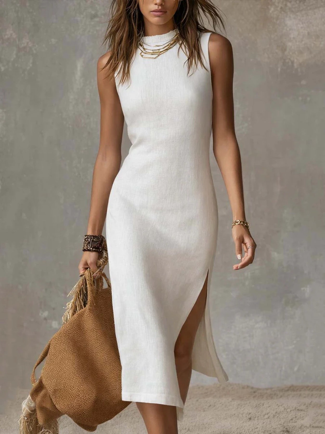 Full Size Sleeveless Mock Neck Slit Midi Dress Plus Size selected from Midi Dresses for The Perfect Middle: The Midi Dress Edit