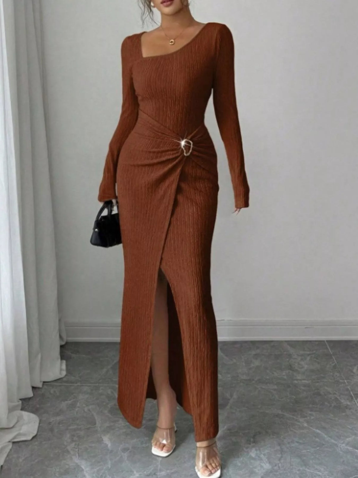 Slit Asymmetrical Neck Ribbed Maxi Dress