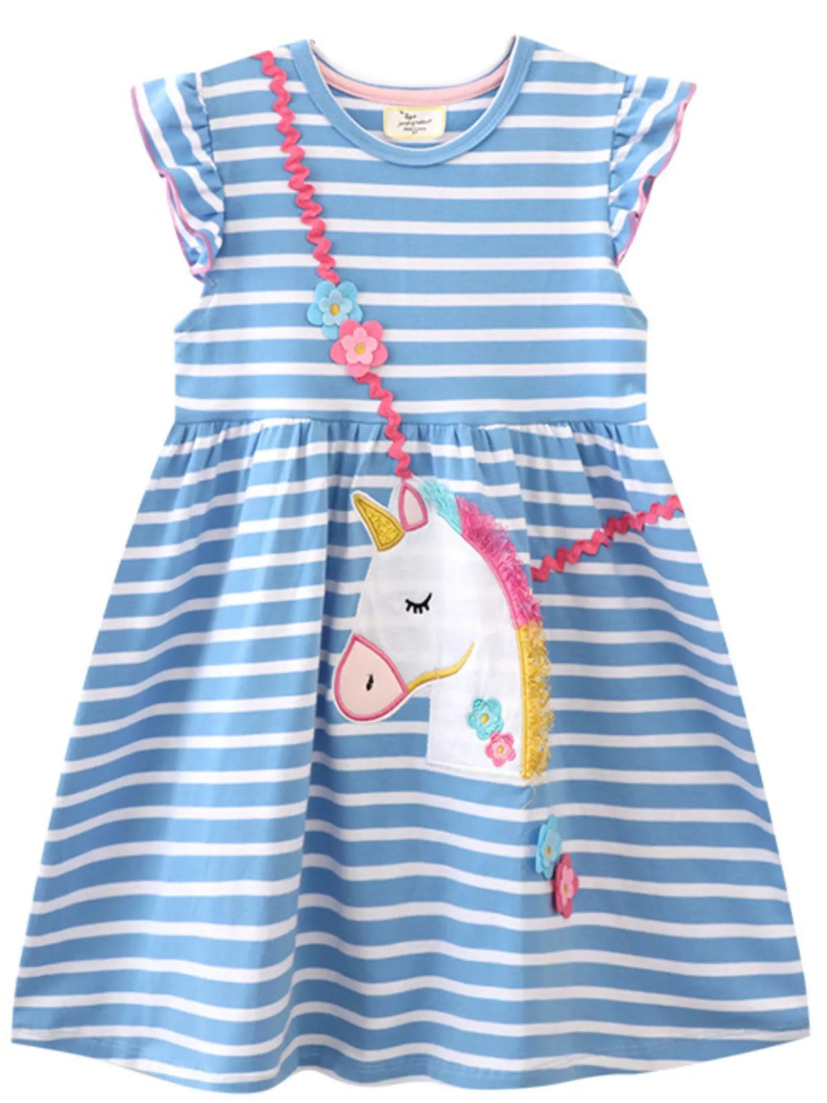 Children's Striped Unicorn Ruffle Sleeve Dress