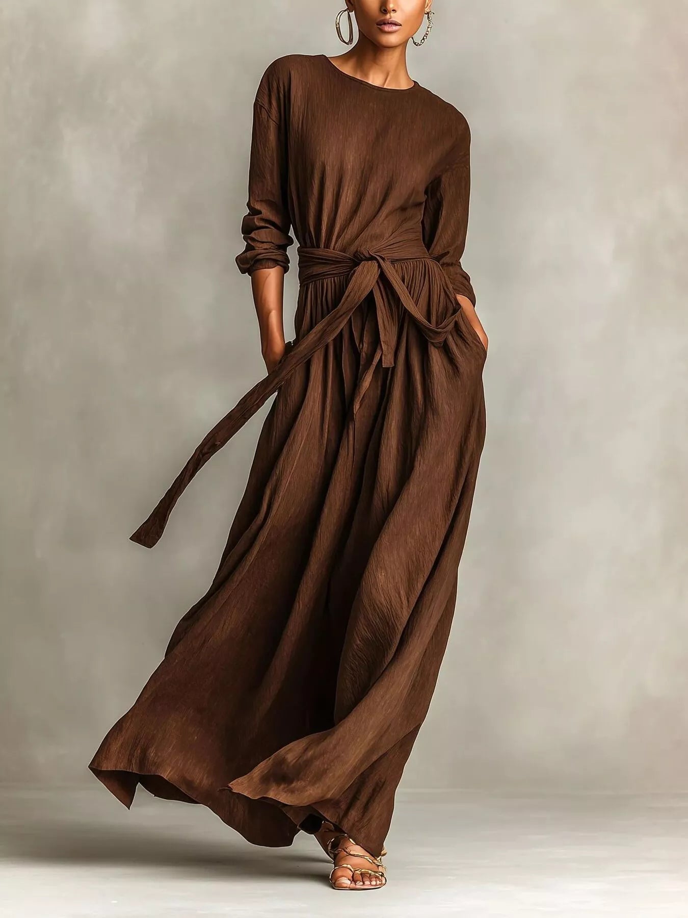 Full Size Long Sleeve Tie Waist Maxi Dress Plus Size selected from Maxi Dresses for The Long Line: Maxi Dresses Made for an Entrance