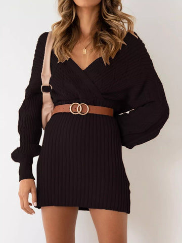 Full Size V-Neck Lantern Sleeve Sweater Dress Plus Size
