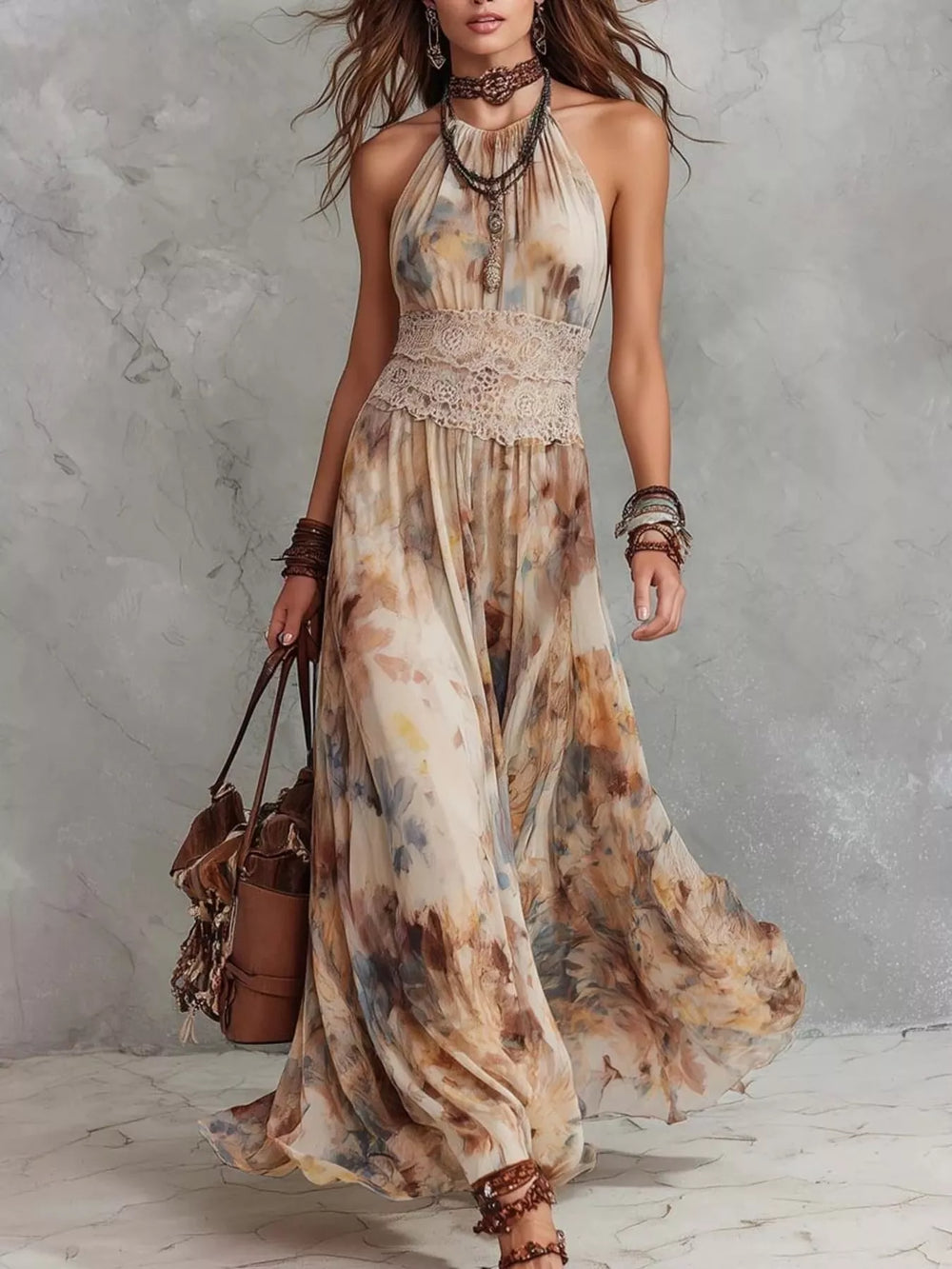 Floral Print Halter Neck Maxi Dress