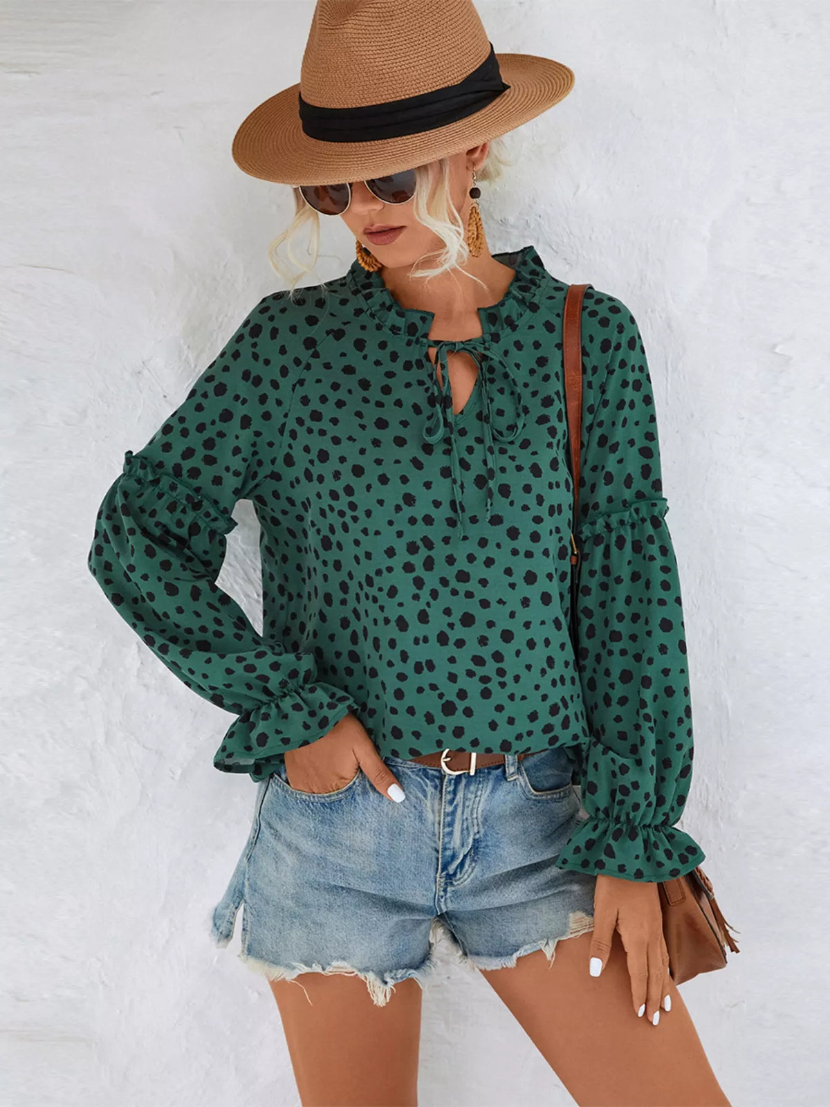 Animal Print Tie Neck Flounce Sleeve Blouse