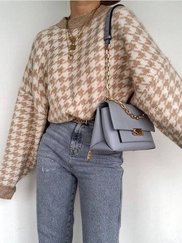Houndstooth Pattern Oversized Sweater