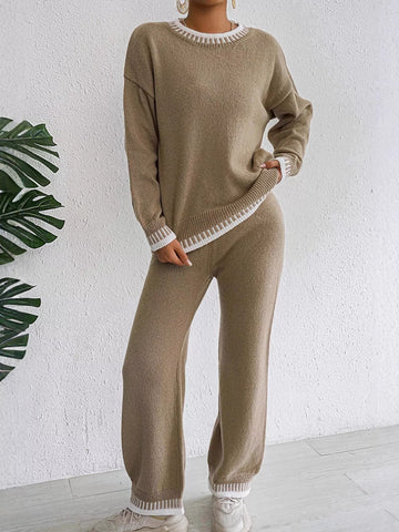Contrast Trim Crew Neck Sweater and Pants Set