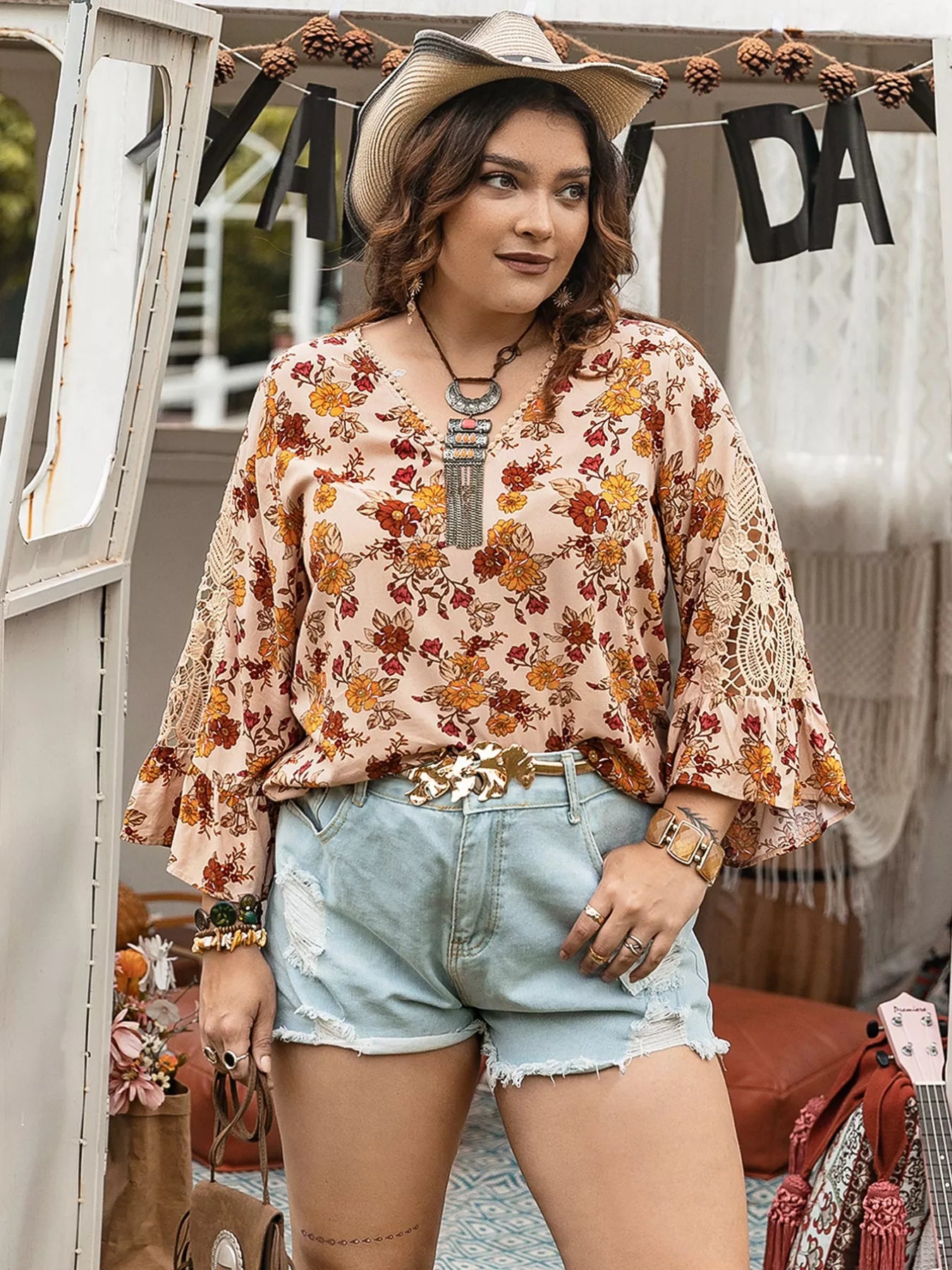 Plus Size Floral Lace Detail V-Neck Blouse selected from Blouse Bloom for Blouse Bloom: Soft Structure for Every Kind of Day