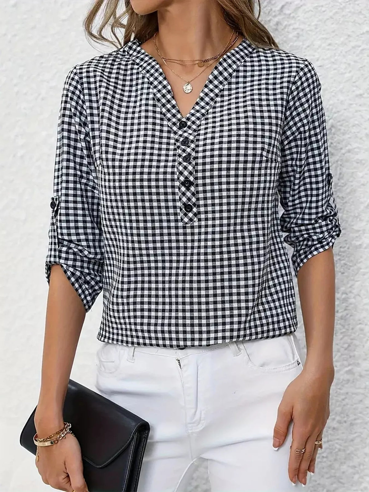 Gingham Button Detail Blouse