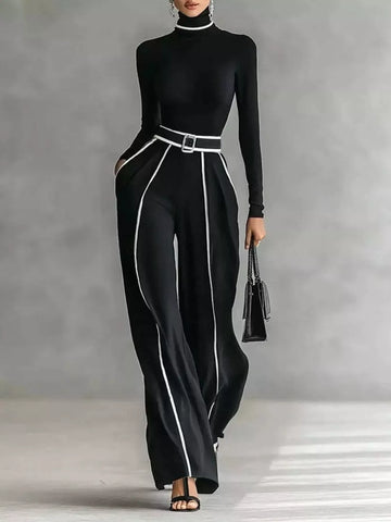 Turtleneck Long Sleeve Top and Contrast Pants Set