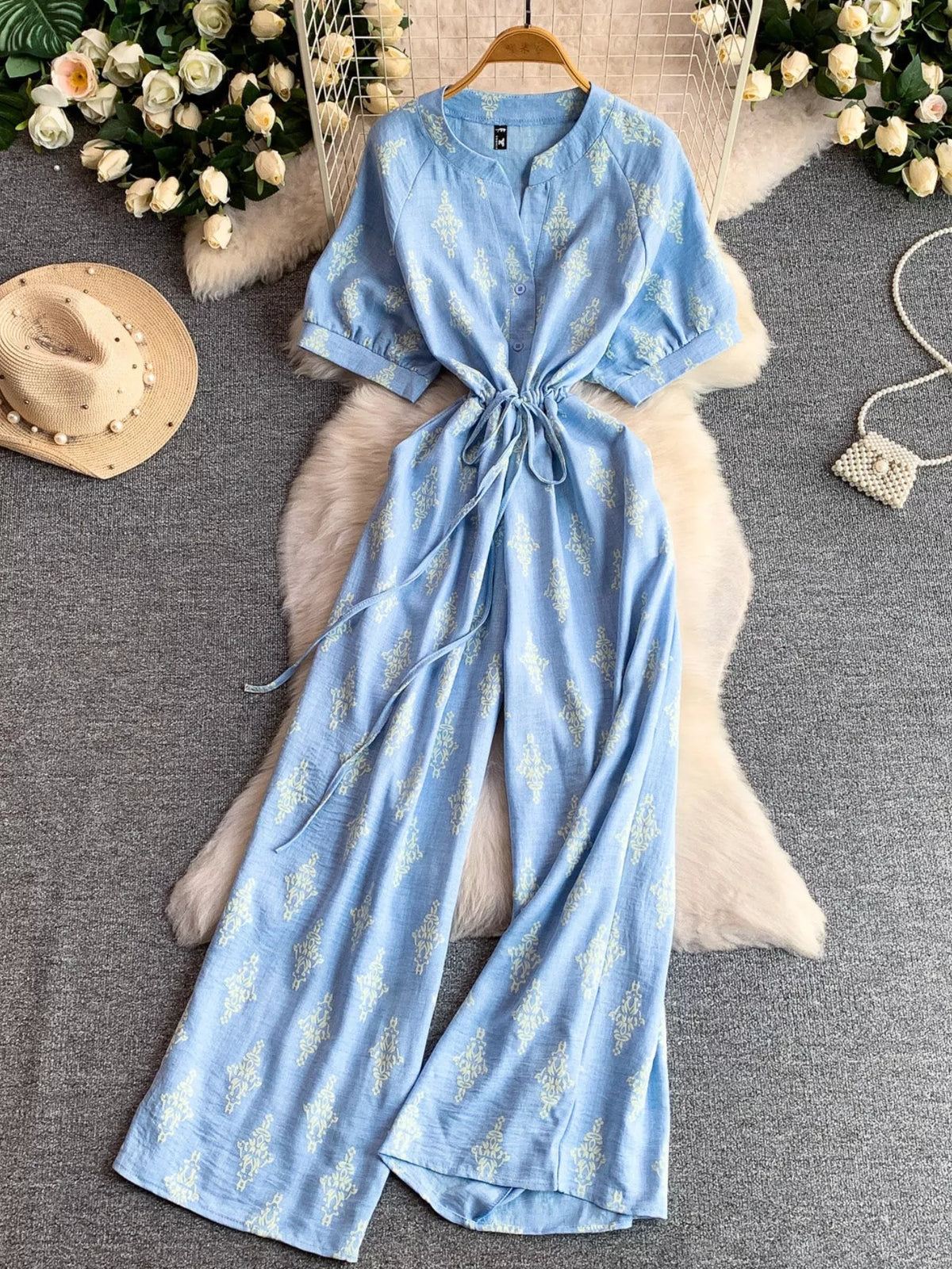 Printed Short Sleeve Wide Leg Jumpsuit