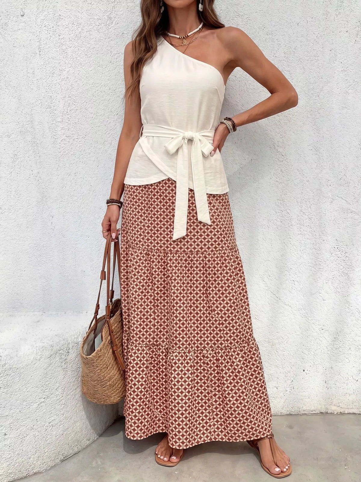 One-Shoulder Top and Geometric Print Maxi Skirt Set