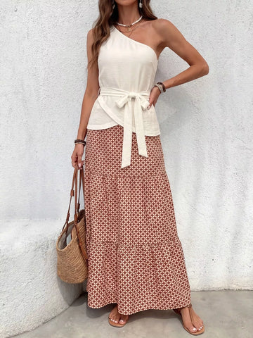 One-Shoulder Top and Geometric Print Maxi Skirt Set