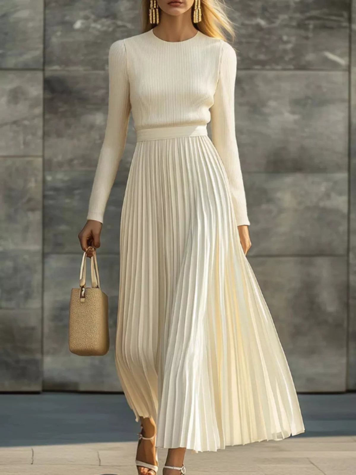 Ribbed Knit Pleated Midi Dress