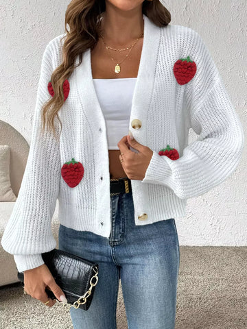 Strawberry Applique Button Up Cardigan