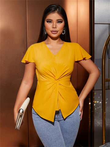 Twisted Solid V Neck Cap Sleeve Blouse