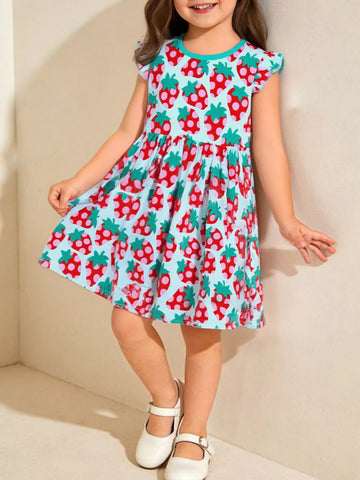 Children's Strawberry Print Ruffle Sleeve Casual Dress
