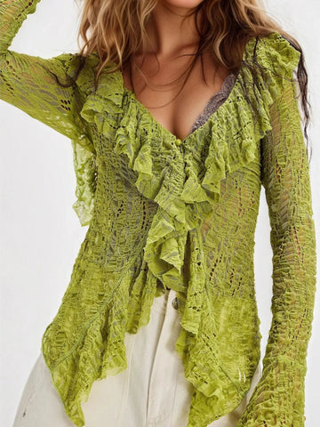 Lace Ruffle V Neck Blouse