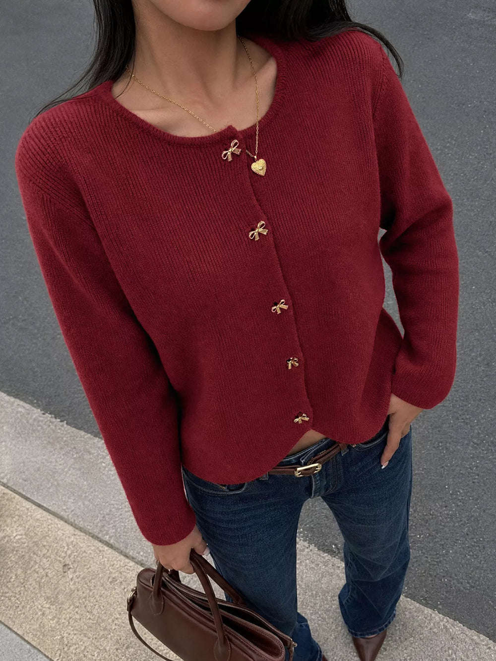 Bow Button Up Knit Cardigan