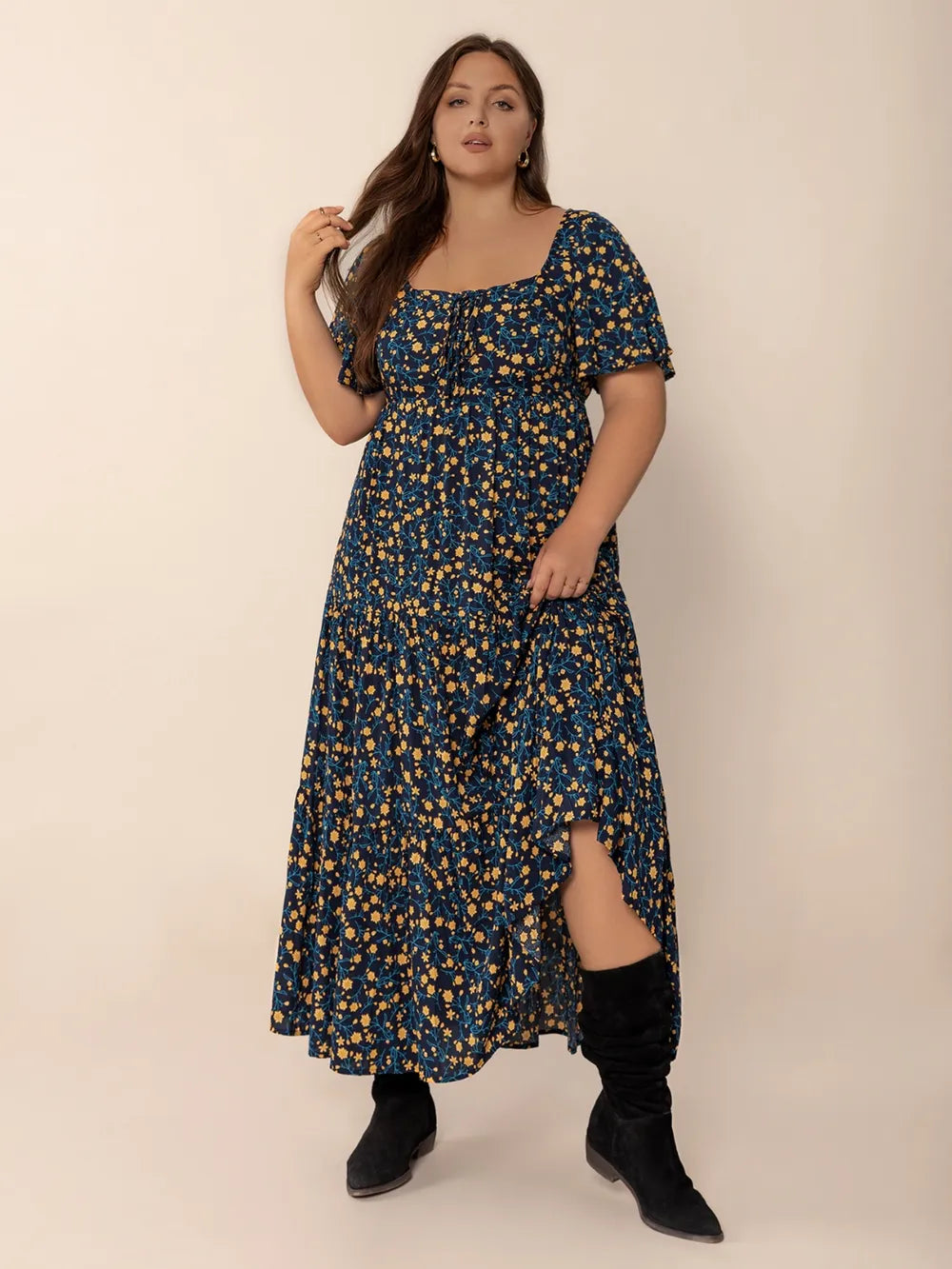 Plus Size Printed Short Sleeve Slit Tiered Maxi Dress selected from Short-Sleeve Dresses for Easy Presence: The Short-Sleeve Dress Edit