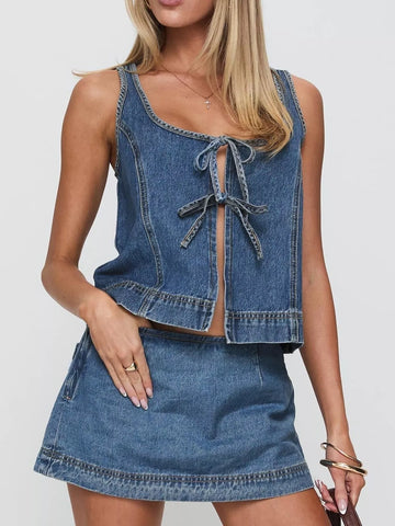Tie Front Tank & Denim Skirt Set
