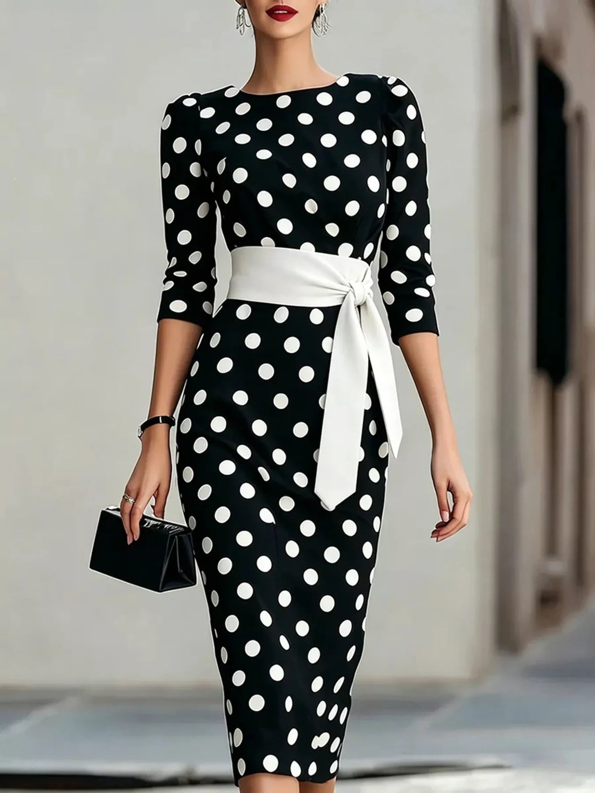 Full Size Polka Dot 3/4 Sleeve Dress Plus Size