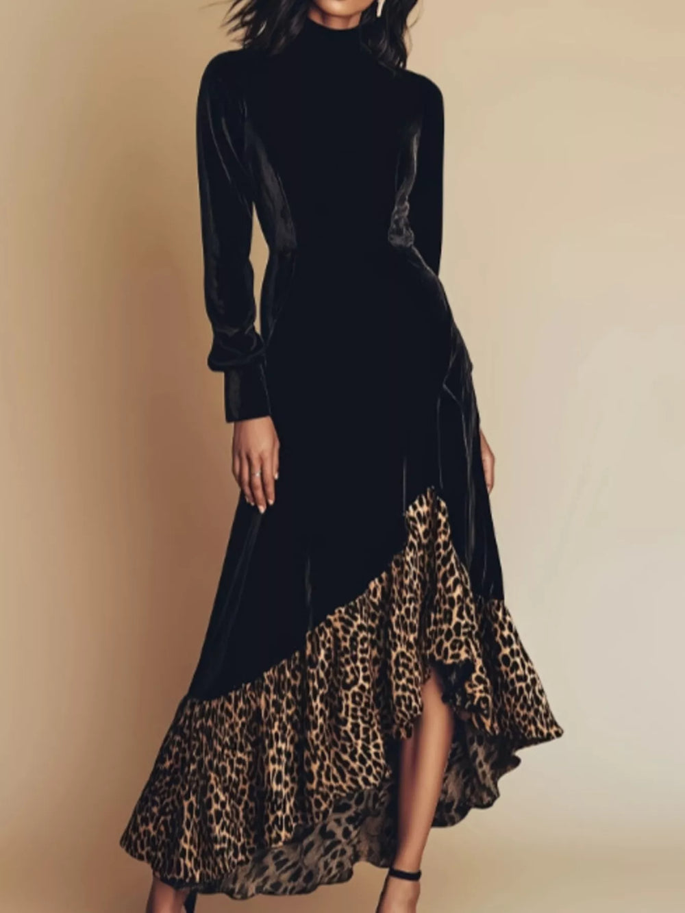 Leopard Ruffle Hem Mock Neck Dress